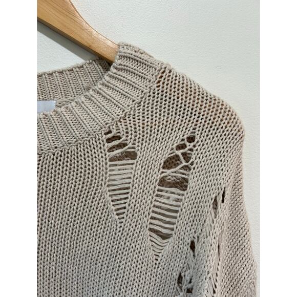 Fate Anthropologie distressed sweater size S cotton ombre tan turquoise crew - Picture 2 of 7